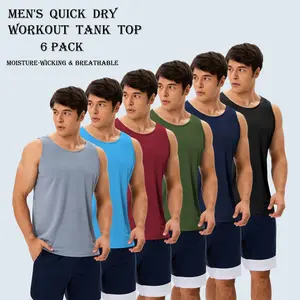 6 Pack Men’s Quick Dry Workout Tank Tops Gym Muscle Tee Fitness Bodybuilding Sleeveless T Shirt Moisture-Wicking Tank Top For men Muscle Tank Workout Gym Top Running Gym Beach Solid Colors