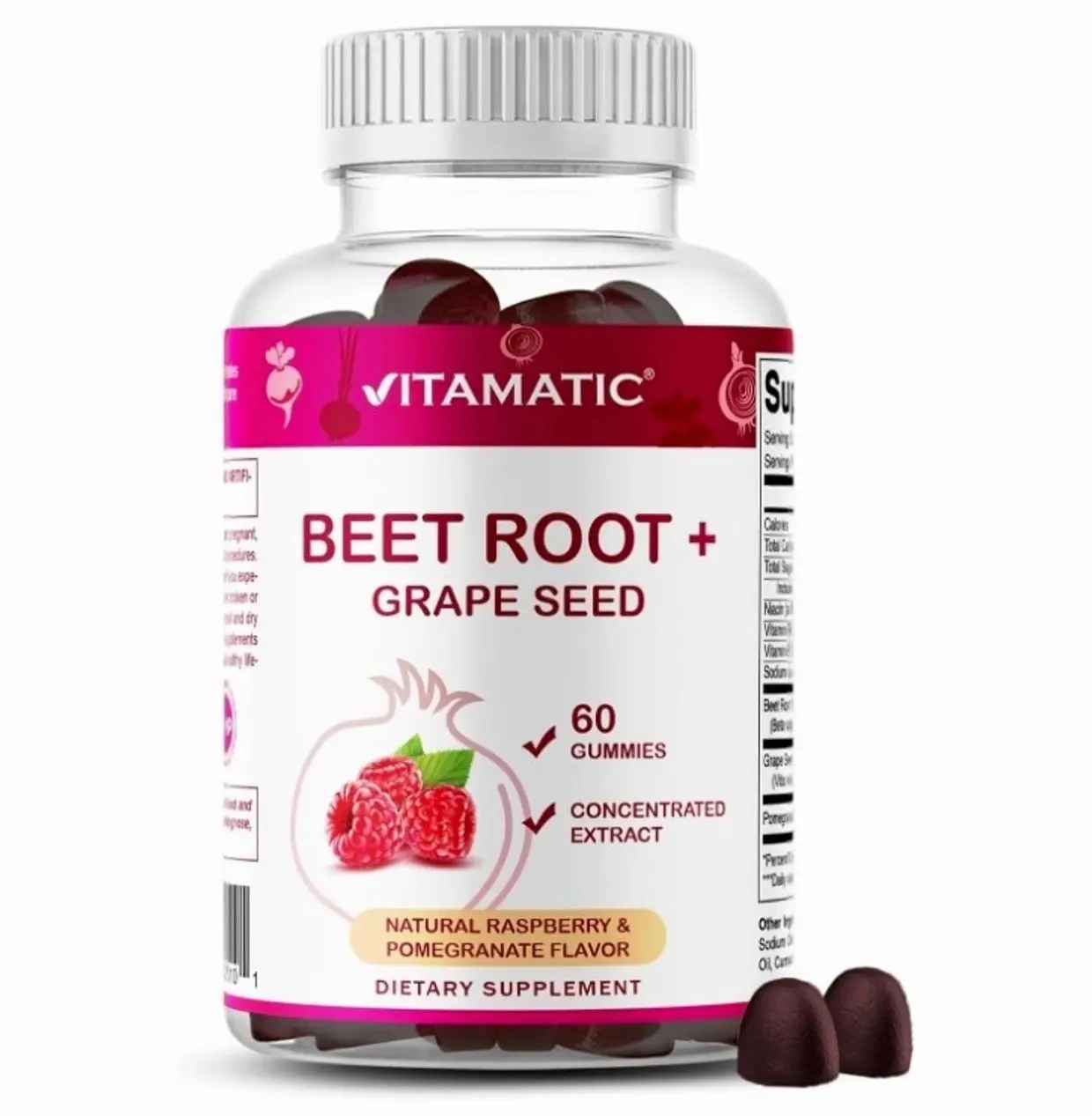 Beet Root Gummies with B6, B12, Grape Seed, Pomegranate & Nicotinamide – Plant-Based Extract – Vegan, Non-GMO – Botanical Supplement Gummies – 60 Count