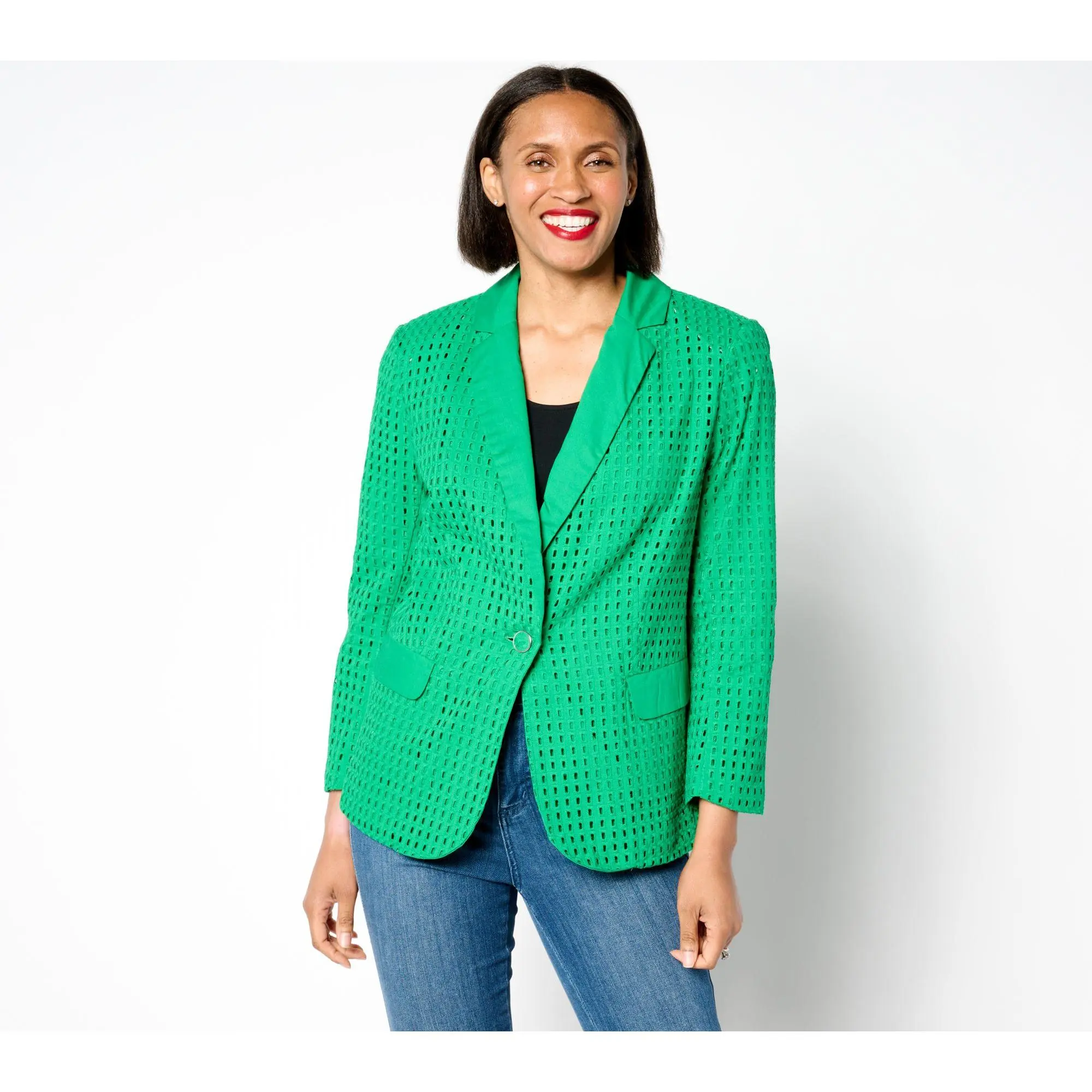 QVC Women's Pure Cotton Eyelet Blazer, Notch Collar, Bracelet Sleeves QVC Women's Pure Cotton Eyelet Blazer, Notch Collar, Bracelet Sleeves