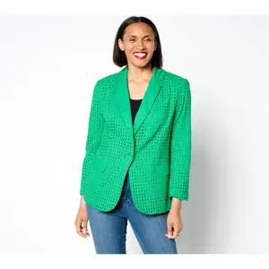 QVC Women's Pure Cotton Eyelet Blazer, Notch Collar, Bracelet Sleeves