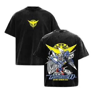 Gundam Exia GN-001 Oversized T-Shirt Vintage Washed Funny Graphic Tee with Mecha Double Print – Unisex Heavyweight Cotton, Anime Game Streetwear Essential