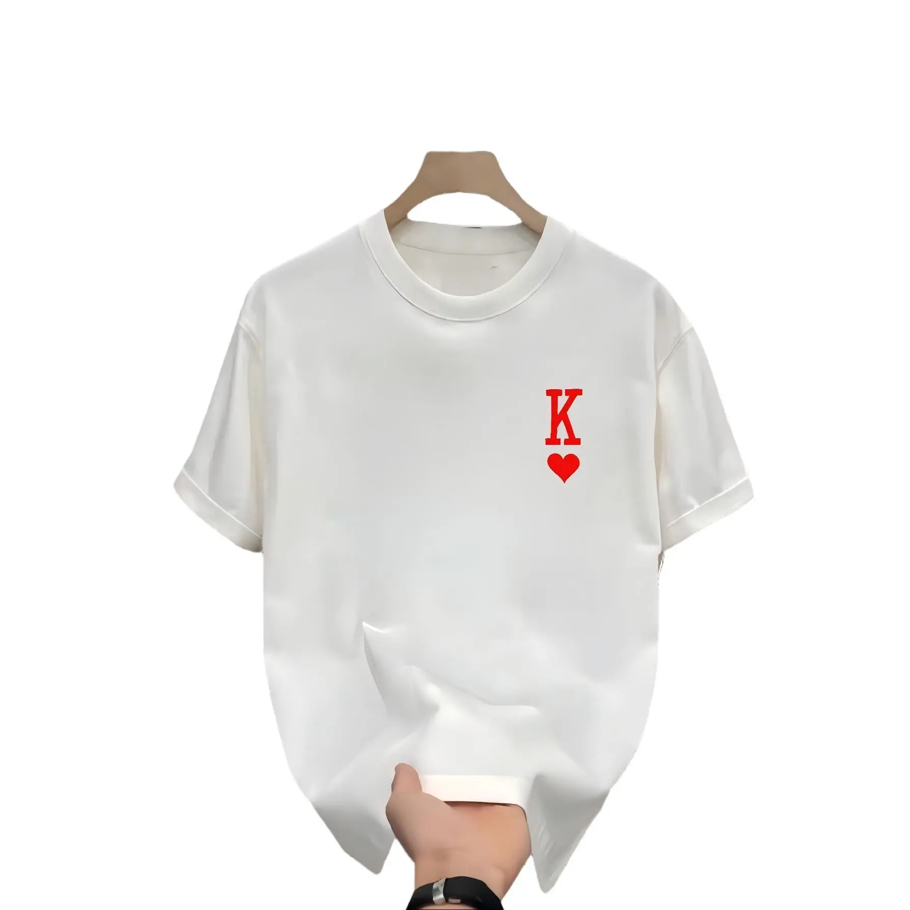 Couple's Fitted Cotton T-Shirt - Unisex Sports Clothes, Round Neck Streetwear Top with King and Queen Graphic, Valentine's Day Matching Lover Gift (Pants Not Included)