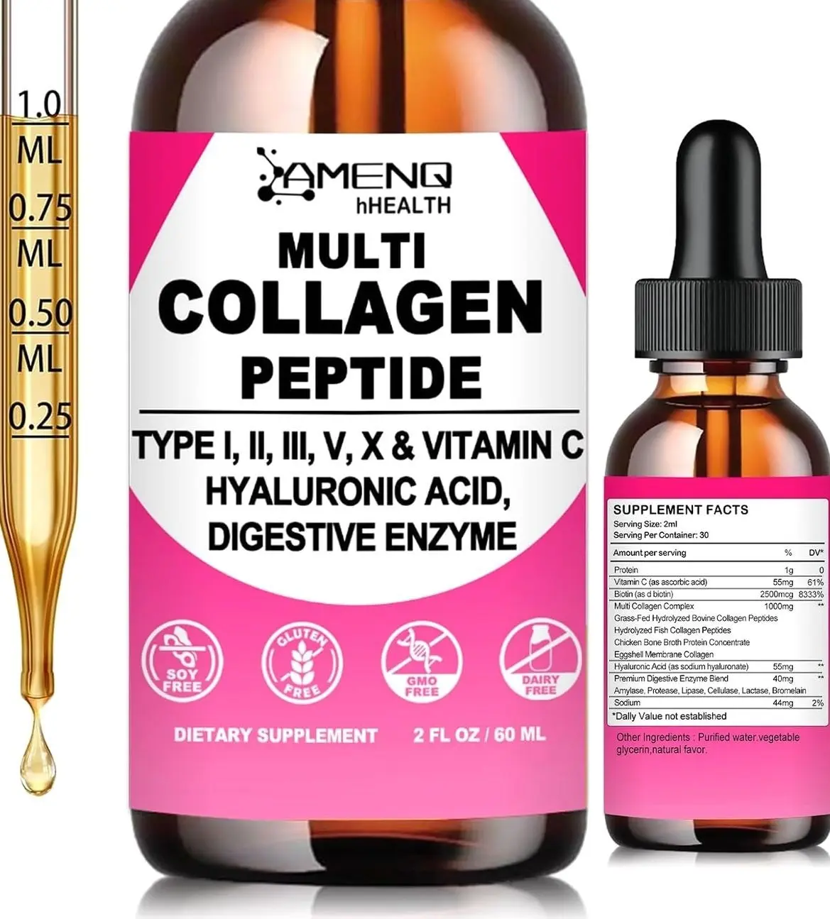 Multi Collagen Peptides Liquid Drops for Women & Men, Hydrolyzed Collagen Peptides Type (I, II, III, V, X)Proteins Complex W. Hyaluronic Acid, Biotin & Vitamin C, Support Hair Skin Joint & Gut Health