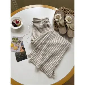 Women's Knitted Striped Drawstring Waist Pocket Casual Low-Waist Long Pants, Daily Wear Vacation Style Flare Leggings