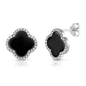 925 Sterling Silver Black Onyx Stud Earrings, Onyx silver Studs, Black Gemstone Studs, Clover Leaf Stud Earrings, Modern Studs, Classic Leaf Studs, Four Leaf Studs