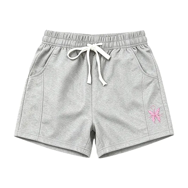 New women’s casual drawstring sweatpants with pockets — pink shorts with butterfly embroidery