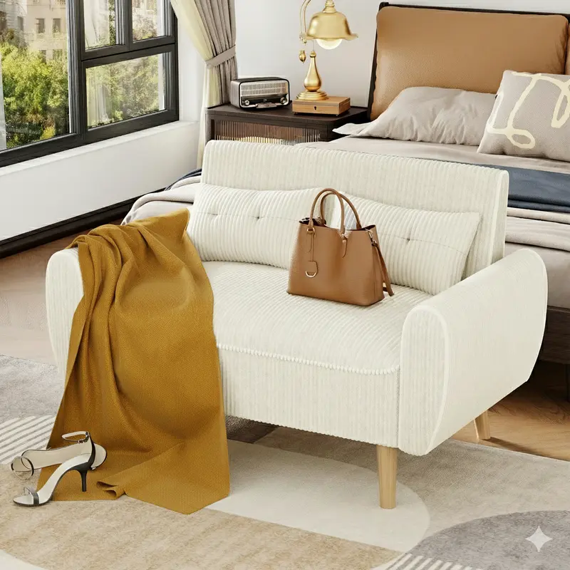 Walsunny Chaise Lounge, 48" Small Modern Loveseat Sofa Couch, Modular luxury Linen Fabric Settee Daybed Furniture with Back Cushions for Living Room, Apartment, Beige