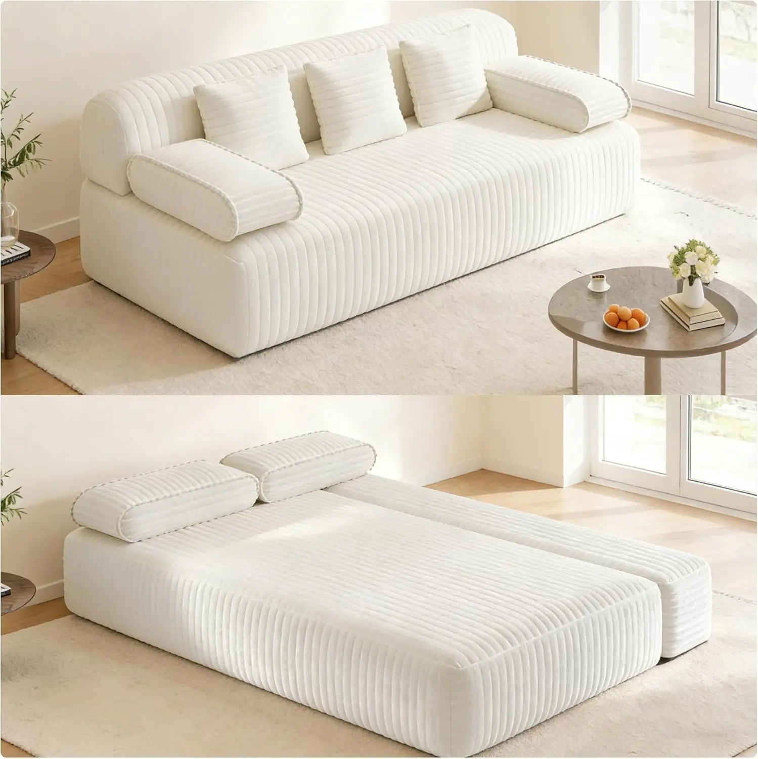78.7" Convertible Sofa Bed for Small Spaces, 2-in-1 Queen Size Sleeper Sofa, Apartment Living Room 3-Seater Boneless Cloud Couch, Plush Corduroy, No Assembly, Includes 3 Pillows (Beige)