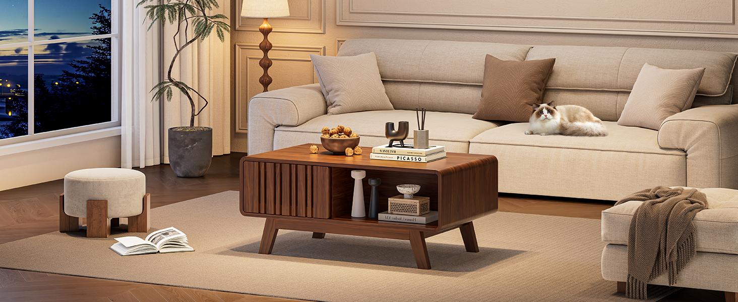 【SPOTLIGHT DAY】ONBRILL Coffee Table, Mid Century Modern Table with Storage Compartment, Fluted Table with Sliding Cabinet Door, Farmhouse Wood Coffee Table for Living Room