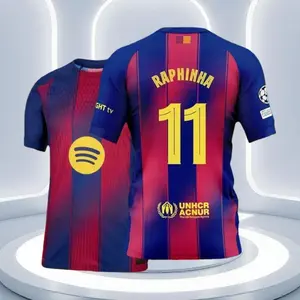 25 26 Home Red And Blue 11# Raphinha Short Sleeve Soccer Jersey Fans Version