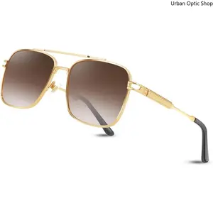 XUH Retro Double Bridge Square Sunglasses, Gold Metal Frame Gradient Lens UV400 Protection, Unisex Fashion Eyewear for Driving Business Daily