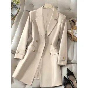 Elegant women's office thin jacket, lightweight fabric, double button design, pocket and waist closure, long sleeves, spring and autumn clothingRAIMENTRY