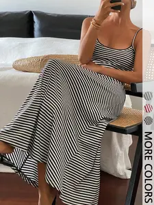 Women's Summer Striped Beach Vacation Casual Thin Strap Long Dress, Stylish Ladies' Fashion Clothing for Relaxing