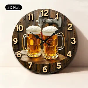 1pc 2D Flat Wall Clock | Beer Mugs Wooden Barrel Design, Suitable For Home Bar, Pub, Kitchen, Man Cave, Restaurant Decoration, Round Shape, No Battery Included