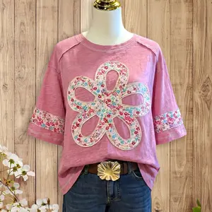 Sage Vell Summer Spring Women Pink Floral Applique Flower T-Shirt Casual Loose Fit Half Sleeve 2026 Patchwork Tee Cute Boho Vintage Top Soft Cotton Blend Shirt for Daily Vacation Beach Office Ladies Sweet Retro Top