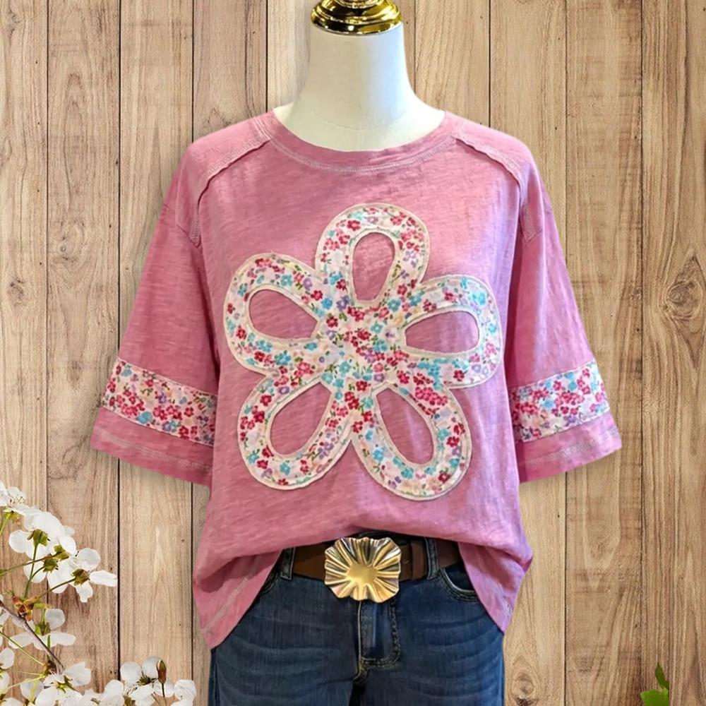 Sage Vell Summer Spring Women Pink Floral Applique Flower T-Shirt Casual Loose Fit Half Sleeve 2026 Patchwork Tee Cute Boho Vintage Top Soft Cotton Blend Shirt for Daily Vacation Beach Office Ladies Sweet Retro Top