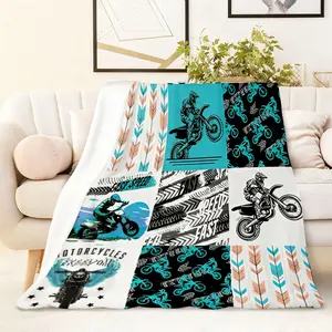 270G Flannel Motorcycle Theme Blanket Racer Pattern Printed Throw Riding Element Home Warm Cover Thick Comfortable Sofa Blanket Bedroom Decorative Throw Teenage Boy Gift