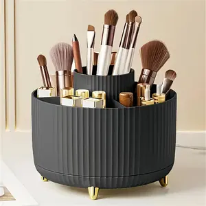 Rotating Cosmetic Organizer 360 Degree Striped Plastic Design, 5-Compartment Desktop Storage for Brushes, Lipsticks, Skincare, Black