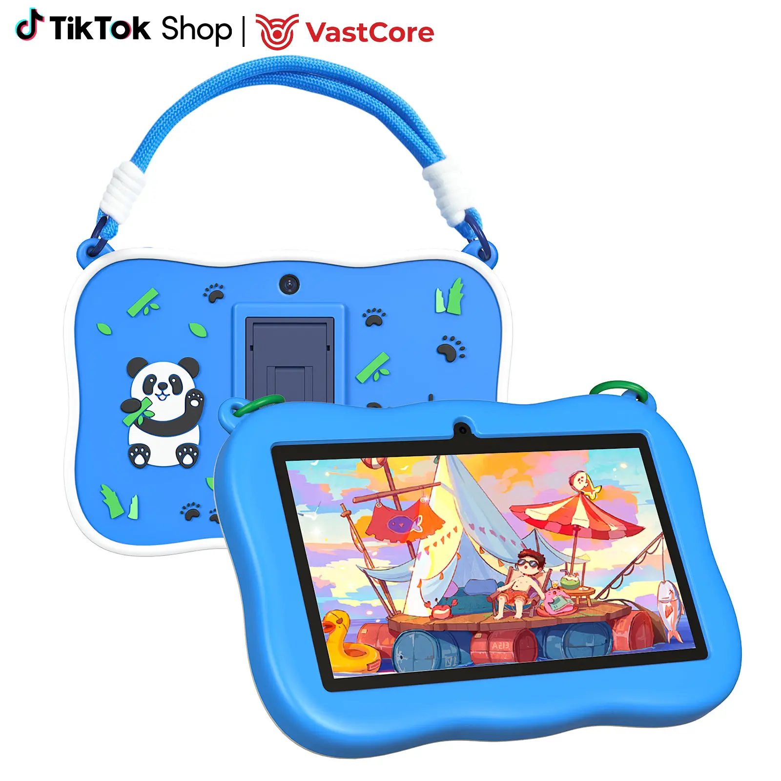 Android Kids Tablet with Parental Control - Kids Android 13 7-in Tablet PC, 2GB RAM, 32GB Storage, Dual Cameras, Wi-Fi, 3500mAh Battery, Cute Panda Silicone Case, Lanyard, Pink/Blue Educational Gift