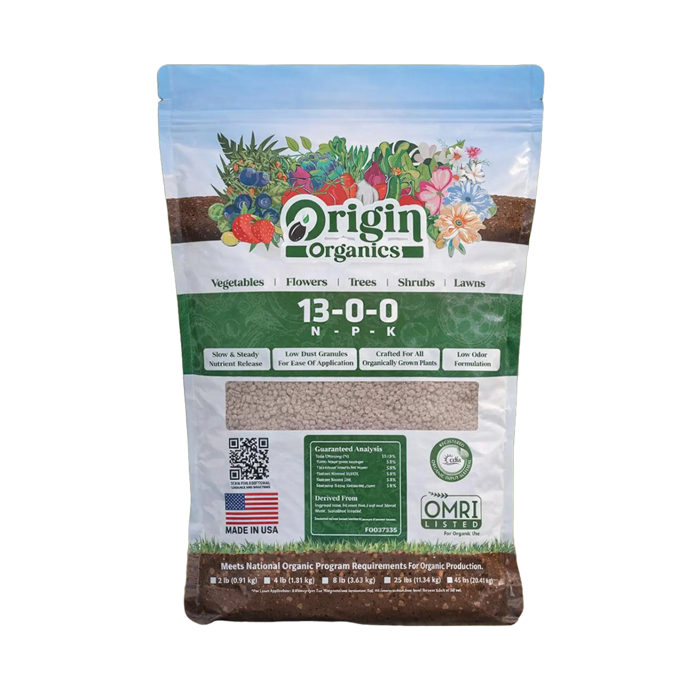 Origin 13-0-0 OMRI Organic Nitrogen Fertilizer — Slow Release for Lawns & Gardens