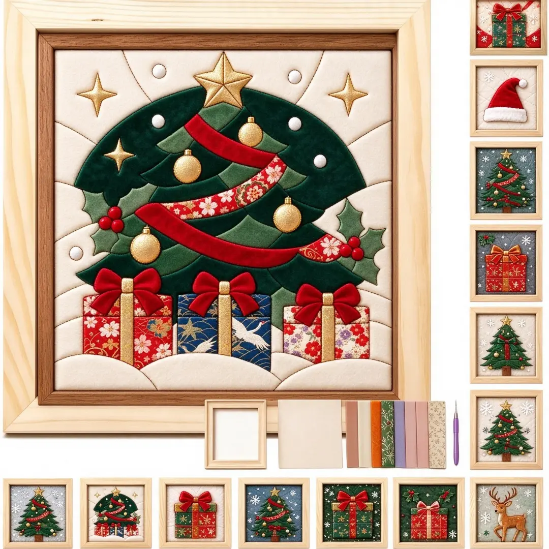 No Sew Kinusaiga Fabric Art Kit Christmas DIY 3D Embossed Fabric Painting Set, Beginner Handmade Kit with Wooden Frame, Festive Santa Snowman Tree Design, Relaxing Craft, Unique Christmas Gift for Craft Lovers Teens Adults Home Wall Decor