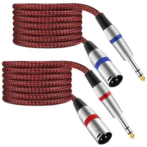 XLR Male to 1/4" TRS Cable Balanced - 10FT Quarter Inch Stereo to XLR Microphone Cord Adapter, Nylon Braided, OFC Shielded, Red Color, for Mixer, Monitor Speaker, Audio Interface, 2Pack