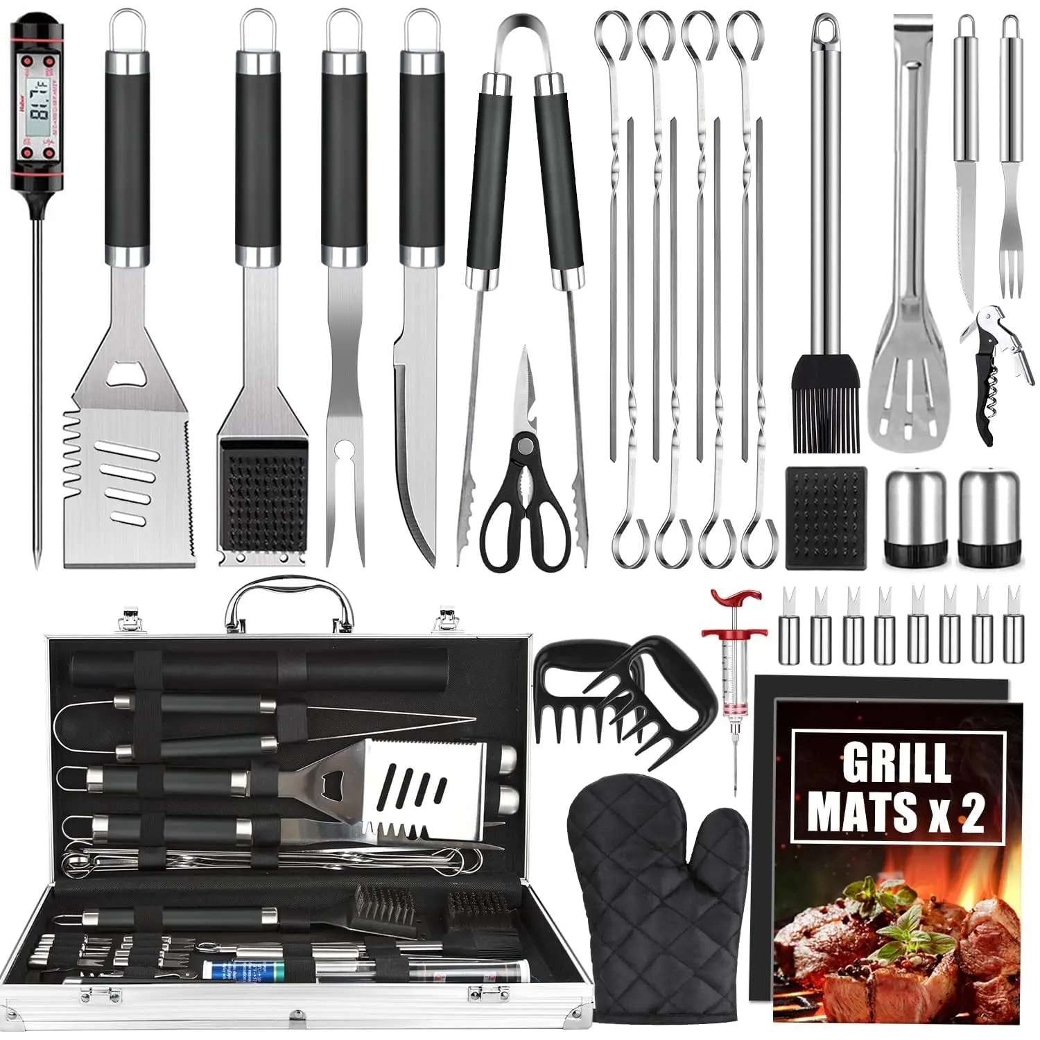 38Pcs Stainless Steel & Aluminium BBQ Grill Utensils Set - Portable Outdoor Cooking Kit with Handles, Meat Thermometer for Open Flame Grilling