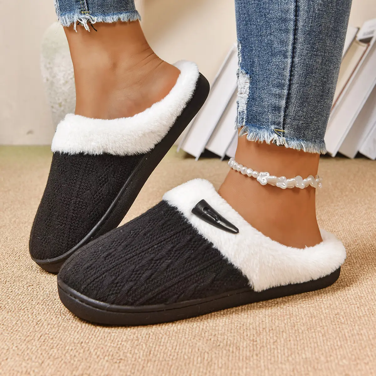 Women’s Knit Scuff House Slippers - Faux Fur Lined, Memory Foam Cushioned, Warm Winter Slip-On Shoes with Decorative Horn Buttons for Indoor Outdoor Bedroom Use