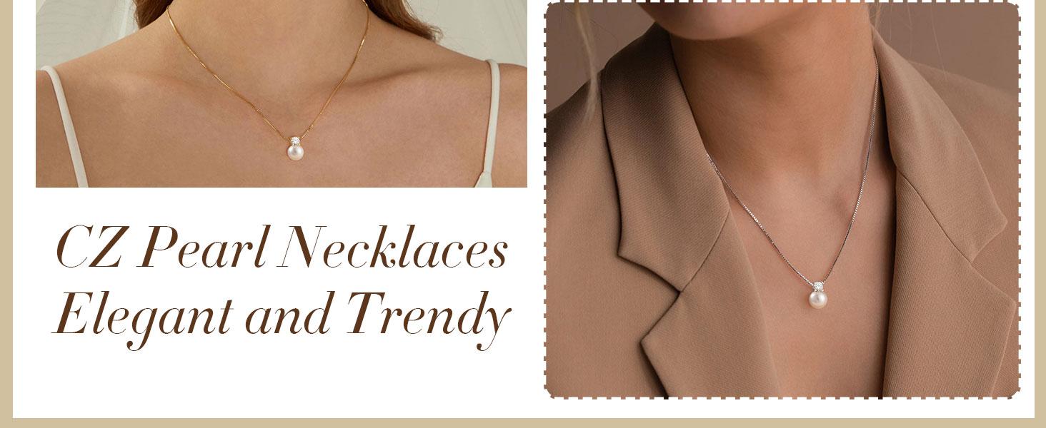 Pearl Necklaces for Women Trendy 6MM 8MM 10MM Dainty Round Natural Freshwater Pearl Necklace Silver 14K Gold Plated CZ Pearls Necklaces for Women Birthday Bridesmaid Wedding Gifts Pearl Jewelry