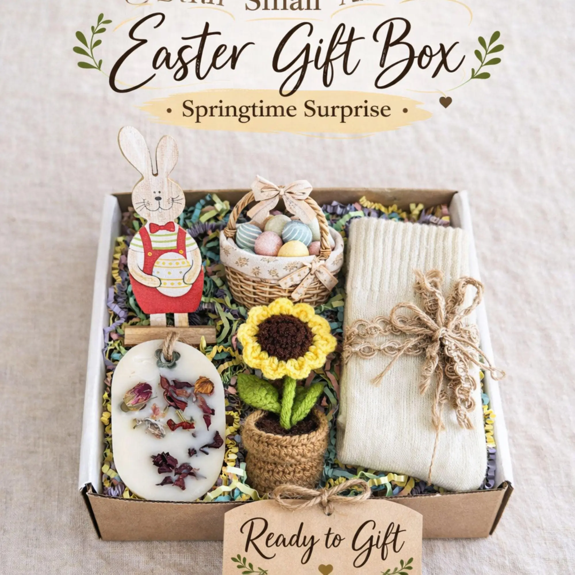 Women's Lightweight Crochet Small Easter Gift Box - Lemon, Rabbit, Flower Themed Spring Self Care Gift Basket for Festive Home & Party Supplies, Succulent