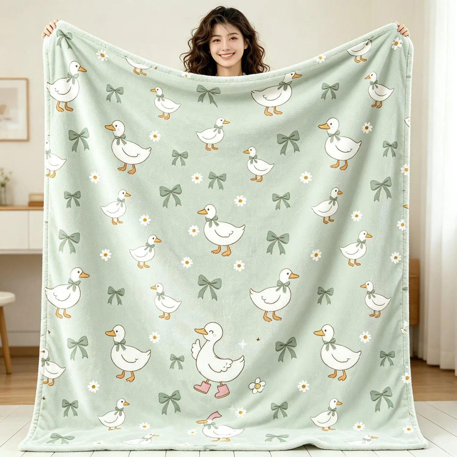 Goose Duck Sage Ribbon Bow Daisy Print Fleece Blanket Cozy Bed Sofa Cover Throw Blanket For All Seasons Home