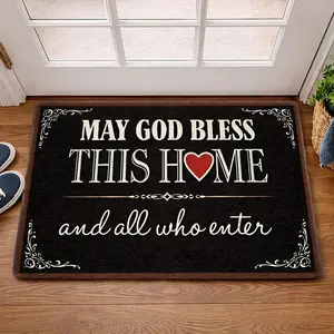 Christian "God Bless This Home" Inspirational Doormat, Flannel Surface, Non-Slip Rubber Backing, Durable Machine-Washable Multipurpose Floor Mat, Ideal for Indoor Home Decor, Outdoor Porch Use