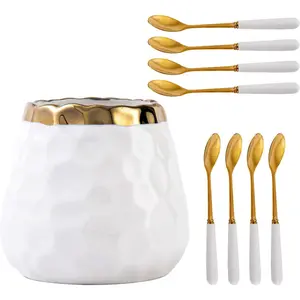 Coffee Spoon Set,Ceramic Jar with 8 Small Spoons for Coffee,,Ice Cream,Cake,Flatware Set (White  jar+8 spoons)