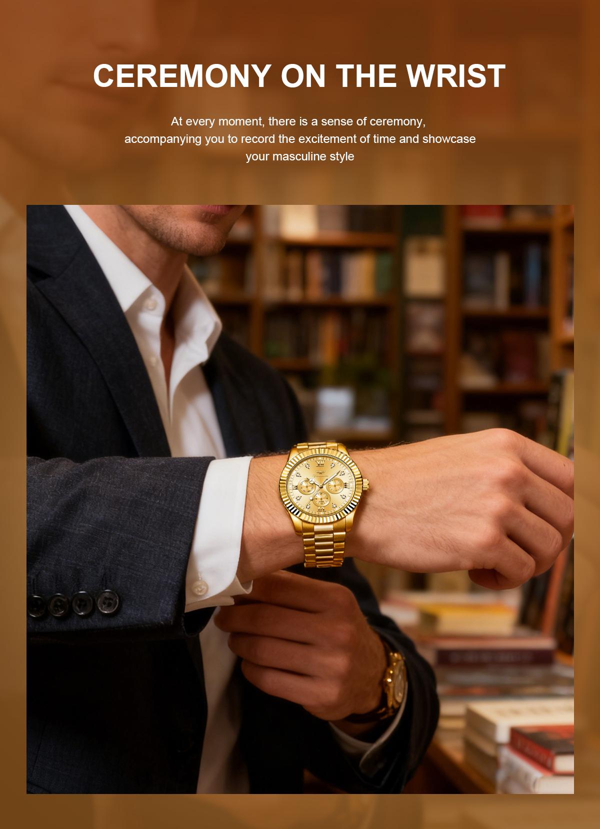 Ferhmen Men's Luxury Dress Watch, 41mm Gold Dial,Stainless Steel Band, Rotating Quartz Analog, relojhermoso, Waterproof & Lum, anniversary giftinous BigFace Wristwatch, Elegant Boss Style Watch