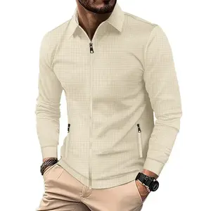 ​Men's Autumn Waffle Knit Long sleeves Polo Shirt - Zip-Up Casual Long Sleeve with Pockets Classic Fabric