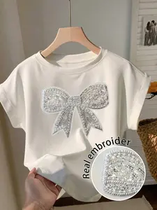 Women's Bow Tie Embroidered Round Neck Loose Short Sleeve T-Shirt, Casual Fitted Tee for Comfortable Everyday Style