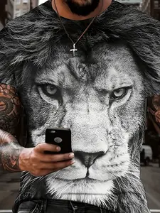 Men's 3D Printed Polyester Knit Fitted T-Shirt, Funny Cartoon Horse Graphic Lion Design, Short Sleeve, Durable Fabric, Casual Wear, All Seasons, Streetwear