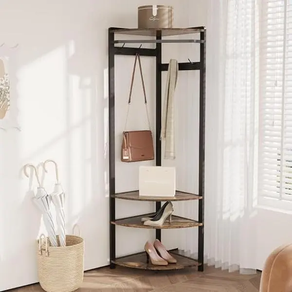 Corner Coat Rack with Shoe Bench, Freestanding Hall Tree with 6 Double-Row Hooks & 4 Shelves, Clothes Rack Shoes Shelf Organizer for Entryway, Hallway, Closet (Rustic Brown & Black)