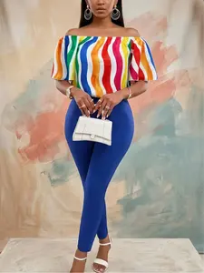 Rainbow Striped Off-Shoulder Top + Blue Pants Set, One-Shoulder Design, High Stretch Slim Fit, Casual Office Wear, Spring Summer Fashion