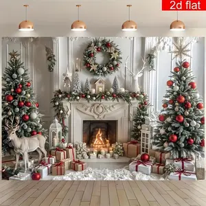 Christmas Theme Photography Backdrop - Christmas Tree Elk Pattern Party Banner, Suitable for Winter New Year Holiday Wall Decoration, Living Room, Outdoor Decoration