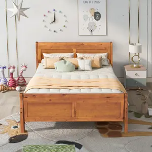 Wooden Full Platform Bed, Full size Bed Frame with Headboard and Footboard, Sleigh Bed with Wood Slat Support