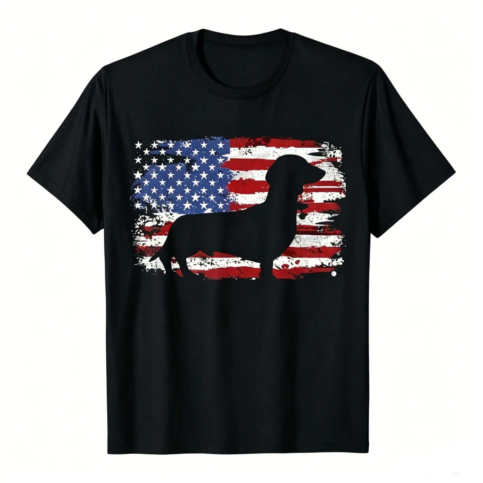 Vintage Dachshund American Flag Cotton T-Shirt, Nostalgic Dog Lover Casual Crew Neck Tee Ideal Holiday Gift Crewneck Classic Tshirt