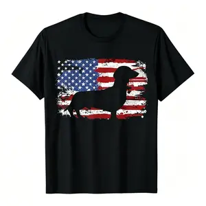 Vintage Dachshund American Flag Cotton T-Shirt, Nostalgic Dog Lover Casual Crew Neck Tee Ideal Holiday Gift Crewneck Classic Tshirt