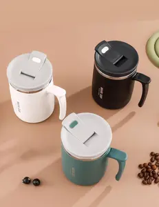 Stainless Steel Coffee Mug with Lid Spoon Double Wall Travel Cup Plastic Mug 13.5oz