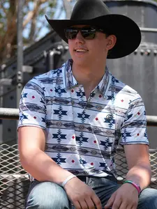 Men's White & Navy Feather Aztec Polo Performance Polo LOGO PRINT, Summer Golf Polo Shirt Menswear Top Outdoor Polyester Shirt