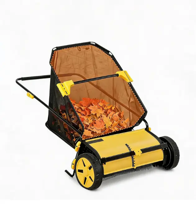 Manual Push Lawn Sweeper for Leaves and Grass, 26-Inch Cleaning Width, 10-Position Height Adjustment and Large Mesh Bag, Yellow