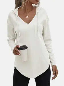 Women's Loose-Fit Hooded Sweatshirt, Casual Basic Long Sleeve Waffle Knit Pullover, Drawstring Hoodie for Yoga Running Daily Wear Tops