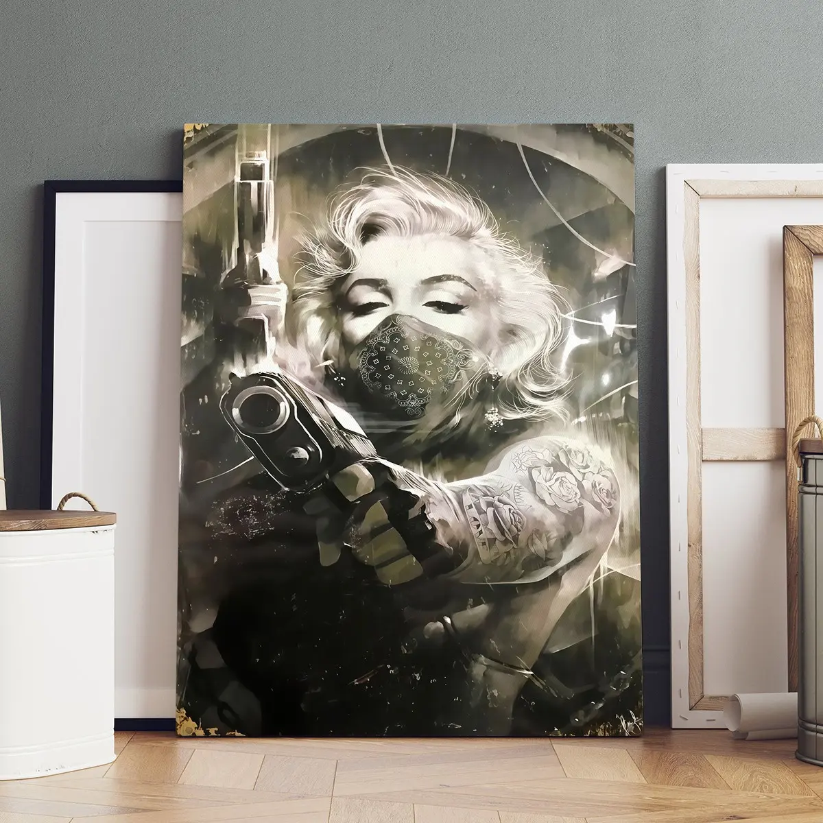 1 Count Wooden Frame Canvas, Gun Tattoo Marilyn Monroe Style Poster, Stylish Decor, Above Bed Wall Decor, Modern Home poster, Creative Design Print, Artistic beautifully printed canvas, suitable for living room and hallway wall Art, HD, waterproof, art