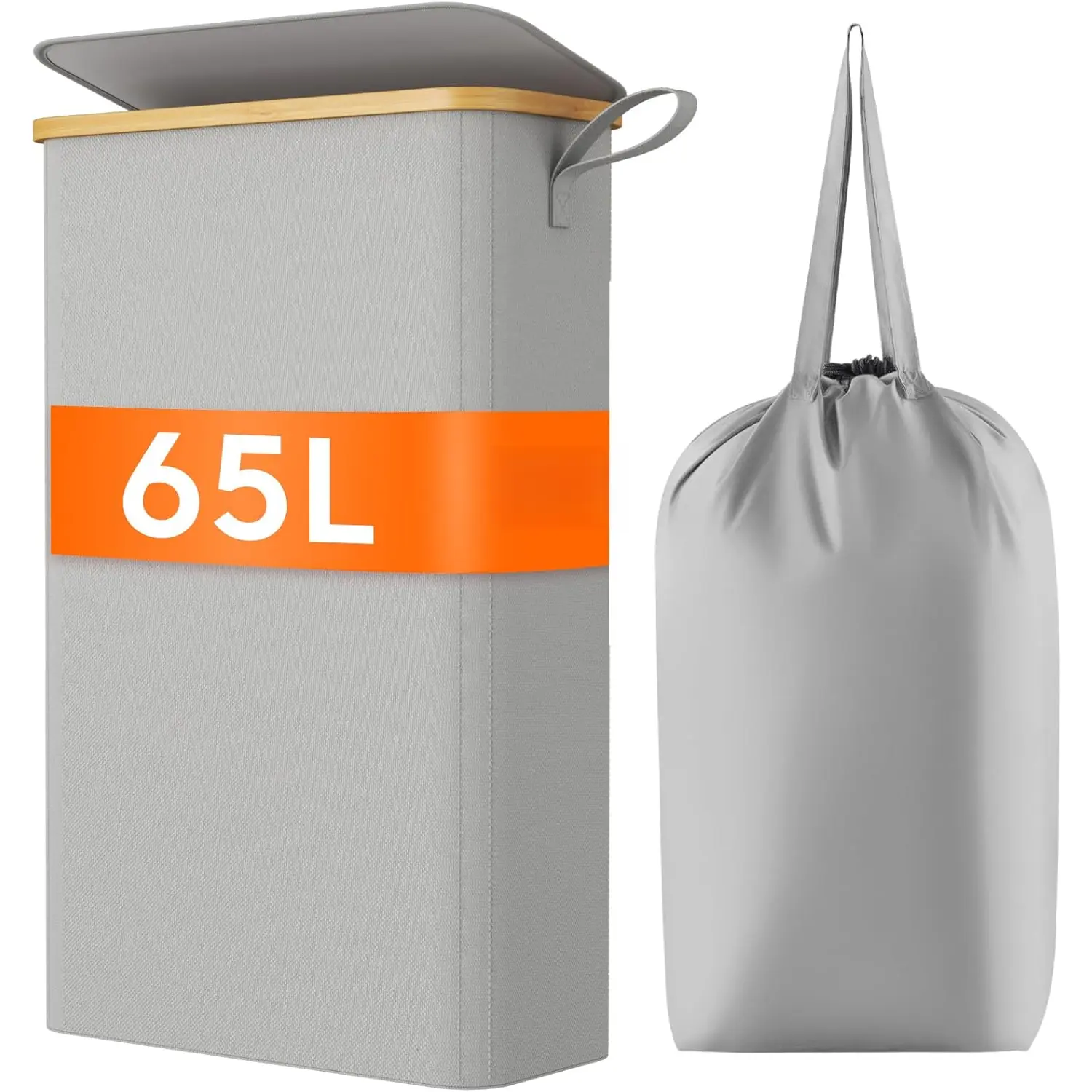 65L Slim Laundry Hamper with Lid, Narrow Laundry Basket with Removable Bag &  Handles, Fodable Thin Dirty Clothes Hamper for Laundry Collapsible Bin for Bathroom Bedroom Dorm, Grey