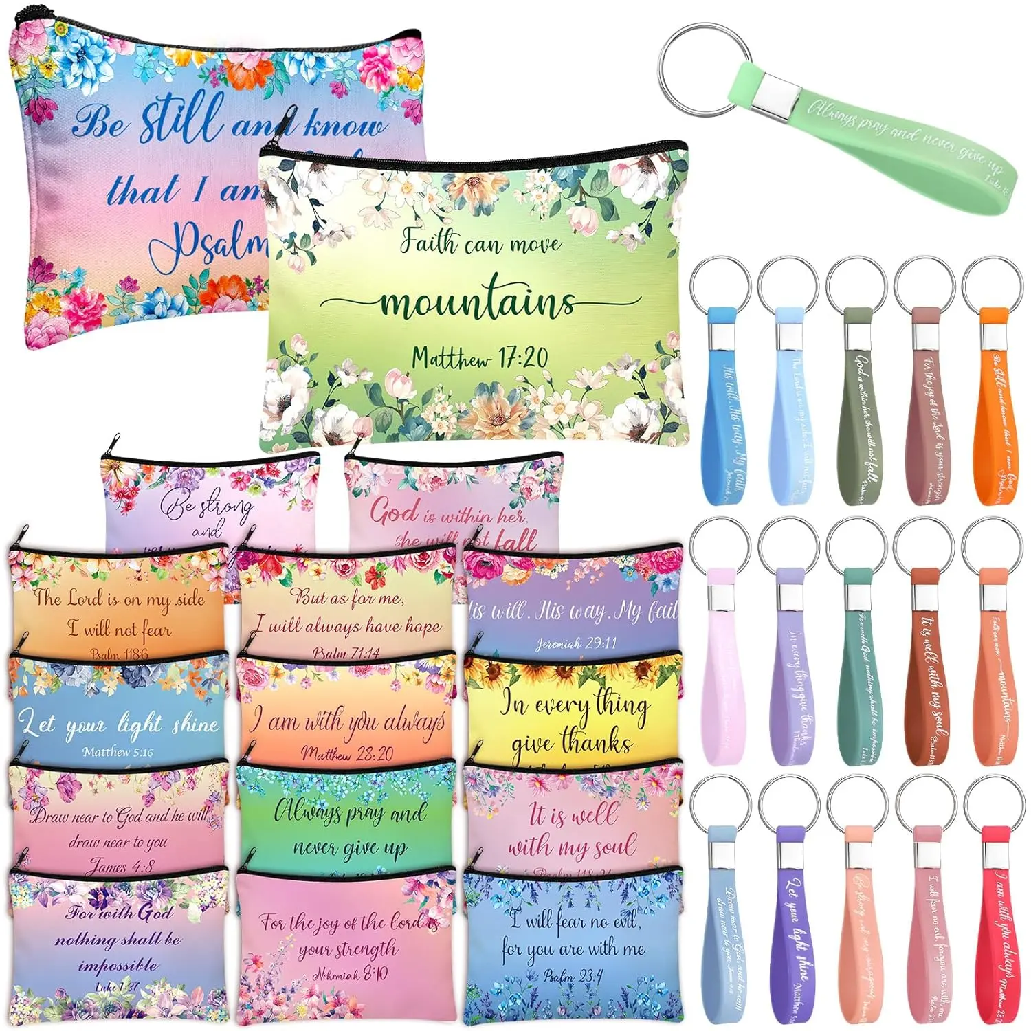 Christian bulk gift for women: religious small coin pouch, Christian makeup bag with Bible verse, mini church canvas bag, mini mirrors, inspirational Bible keychains, lipstick holder, gift mini pouches, wallet bag with zipper for travel—faith and love gif